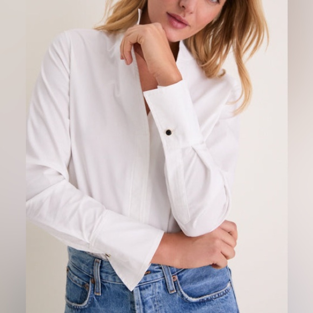 TUCKERNUCK White Bessette Button Down | Stand Collar Tailored Blouse - Picture 8 of 11